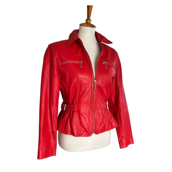 Vintage Cherry Red Leather Moto Jacket - Colebrook & Co - Size Small (Early 90s) - Picture 4 of 11